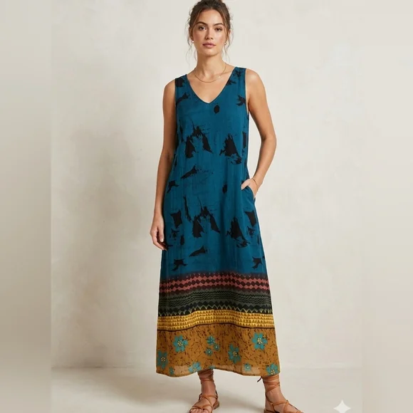 Mlle Gabrielle Boho Batik Maxi Dress Size 16 Teal Floral Geometric Border Print - Picture 1 of 8